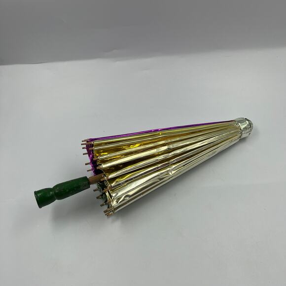 Vintage Shiny Metallic Asian Umbrella Decorative Purple Gold Green Geisha - Picture 7 of 9